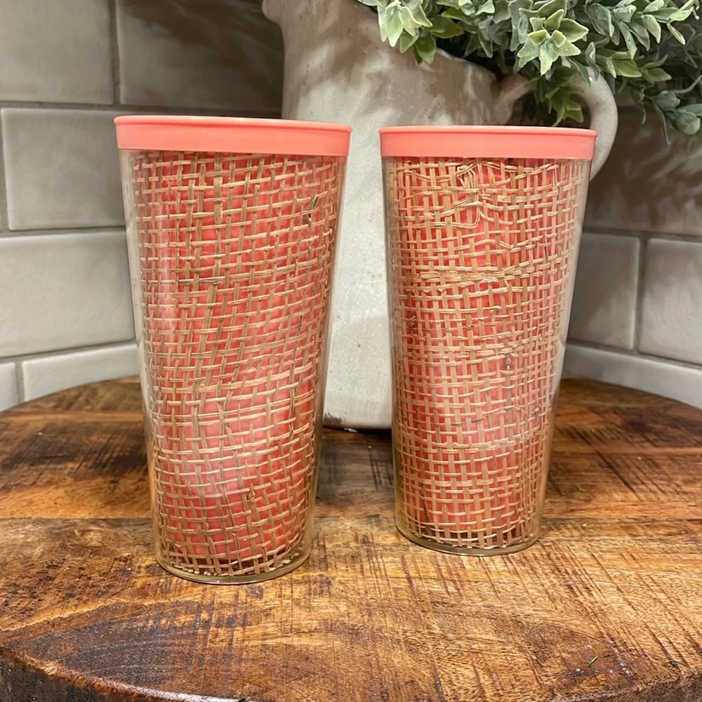 2 Vintage Raffiaware Thermal Woven Burlap Tumblers